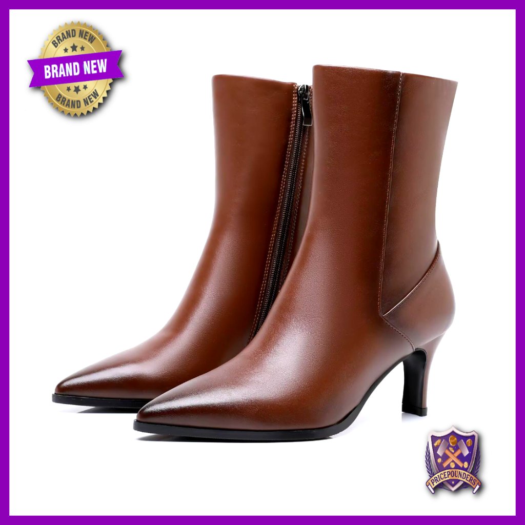 Leather Ankle Boots With Stiletto Heel, Pointed Toe, Waterproof Sole